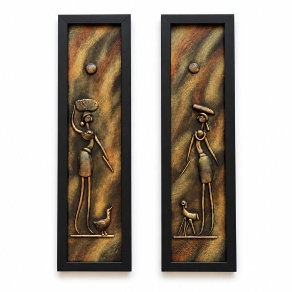 Wide front view of two vertical tribal women 3D clay wall art panels