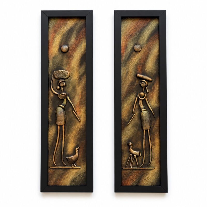 Wide front view of two vertical tribal women 3D clay wall art panels