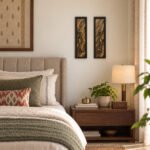 Tribal women clay wall art set displayed beside a bed in a warm bedroom