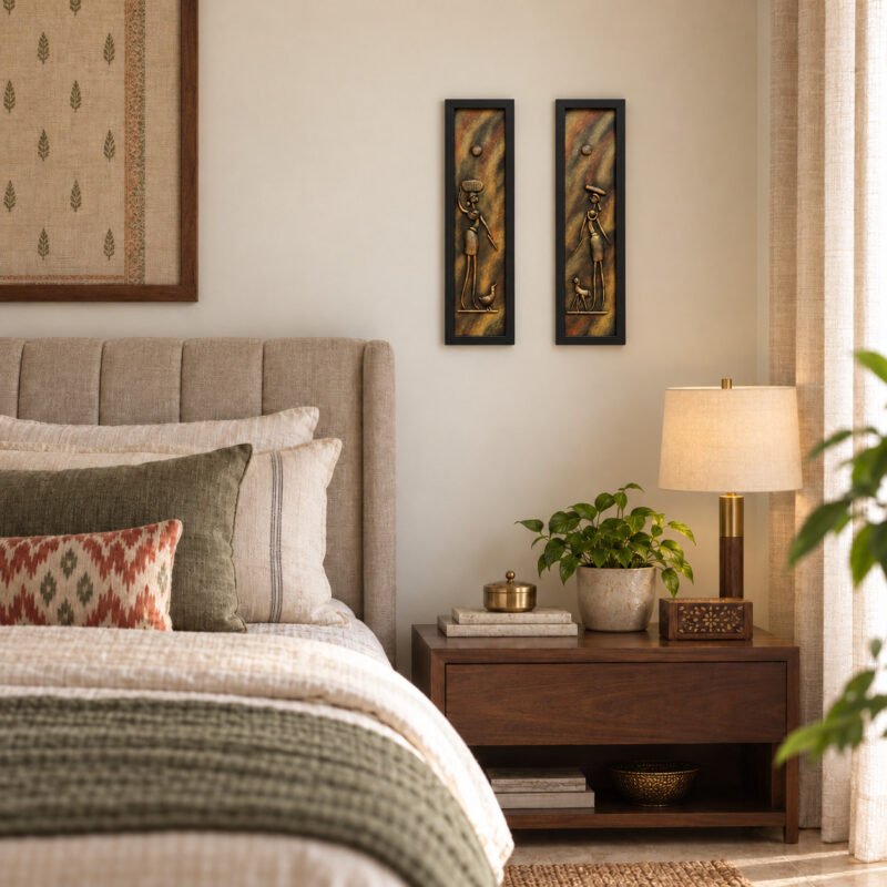 Tribal women clay wall art set displayed beside a bed in a warm bedroom