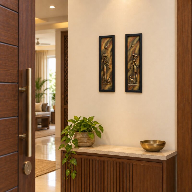 Tribal women 3D clay wall art set displayed near a wooden home entrance