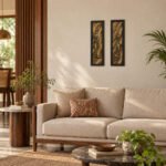 Tribal women and nature wall art set displayed above a living-room sofa