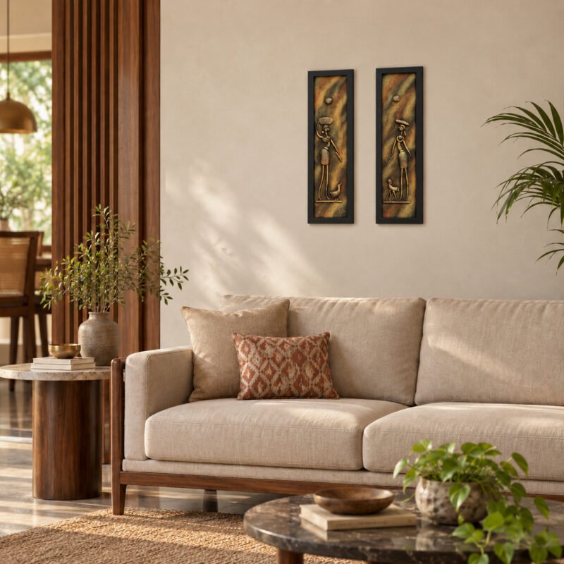 Tribal women and nature wall art set displayed above a living-room sofa