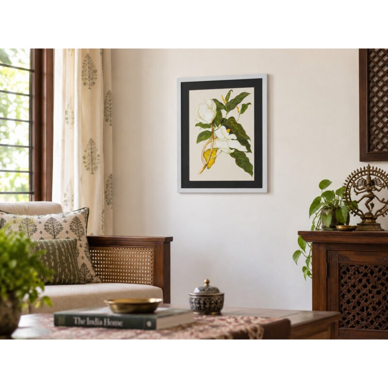 White Magnolia botanical wall art displayed in a modern Indian living room