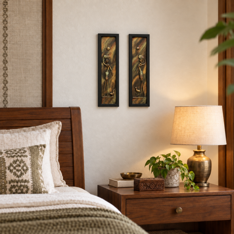 Handcrafted tribal women 3D clay wall art set of 2 displayed in a bedroom