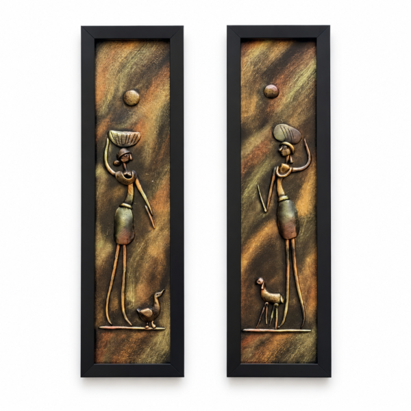 Handcrafted tribal women 3D clay wall art set of 2, front view