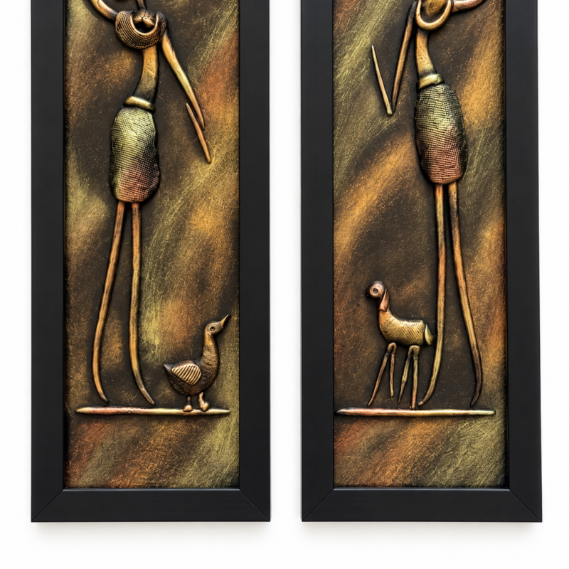 Handcrafted tribal women 3D clay wall art set of 2, lower detail close up