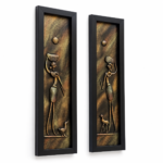 Handcrafted tribal women 3D clay wall art set of 2, right angle view