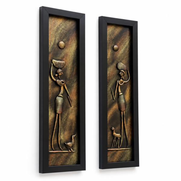 Handcrafted tribal women 3D clay wall art set of 2, right angle view