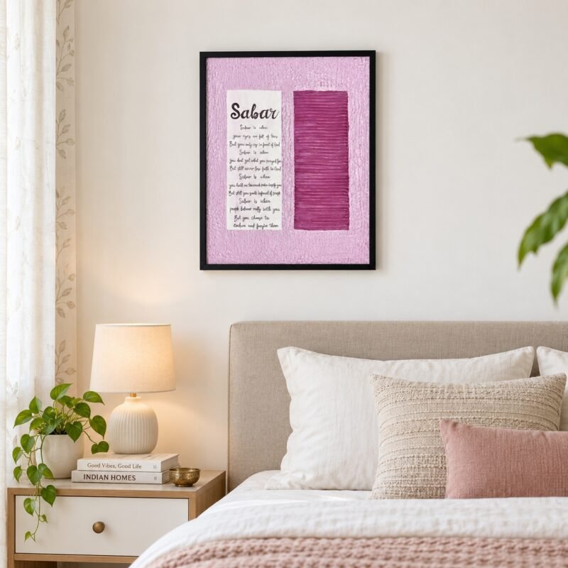 Sabar textured canvas wall art in black floating frame displayed above a bedroom headboard