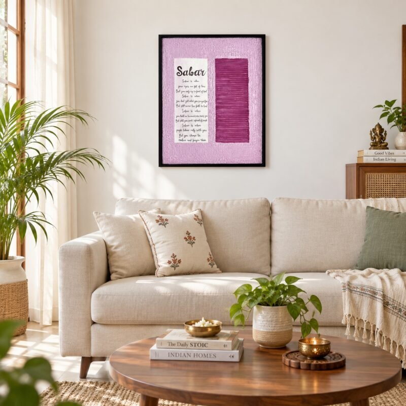 Sabar textured canvas wall art displayed above a sofa in a modern Indian living room