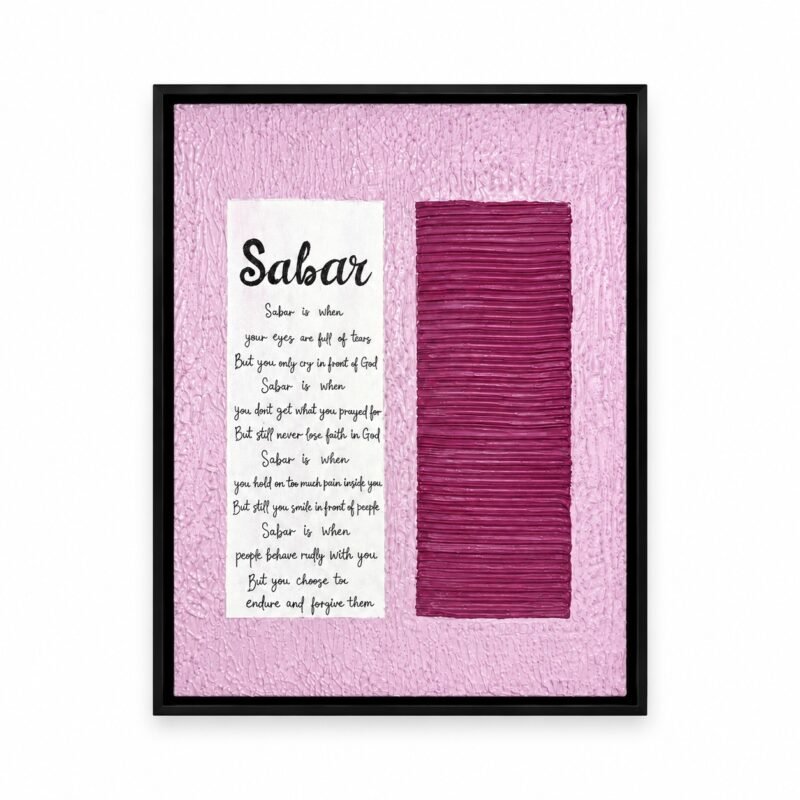 Sabar textured canvas wall art with pink and magenta design in black floating frame